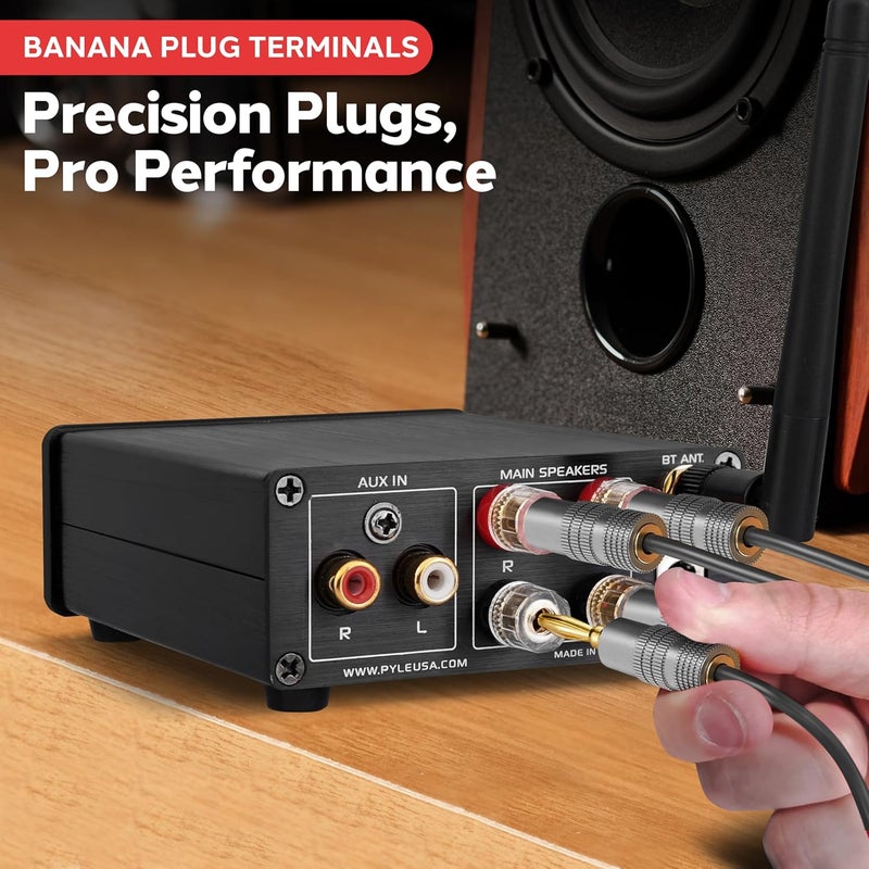 Pyle 240W Mini Bluetooth Home Stereo Amplifier - 2 Channel Compact Micro Receiver with Bass & Treble Control Dials - Includes Power Supply - Use with Passive Speakers for Indoor - Garage - Desktop - Image 5